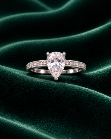 Luxury Pear Cut Sterling Silver Solitaire Ring - Teardrop Brilliant Pavé Band