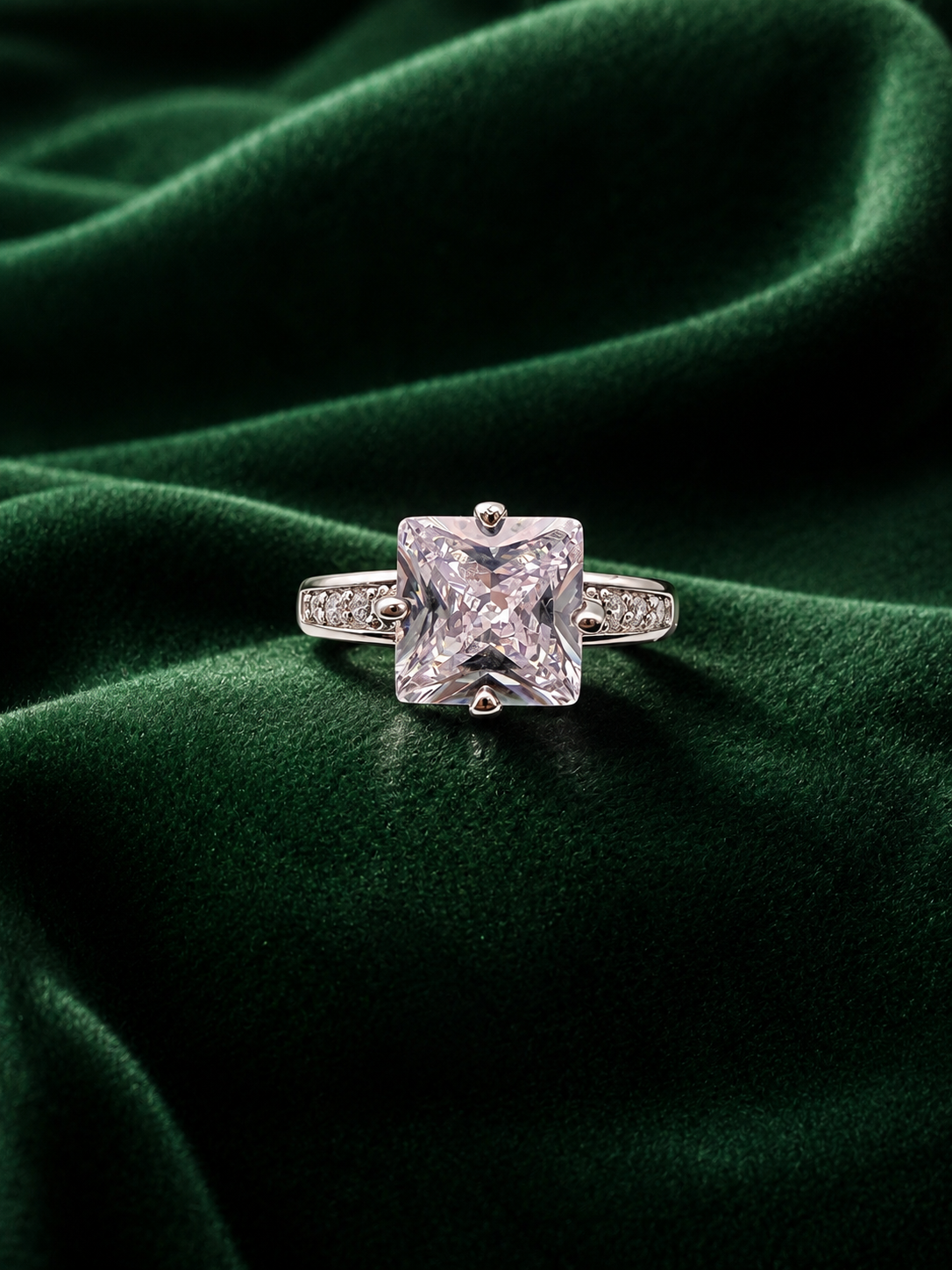 Square Cut Solitaire Ring in .925 Sterling Silver with Accent Stones