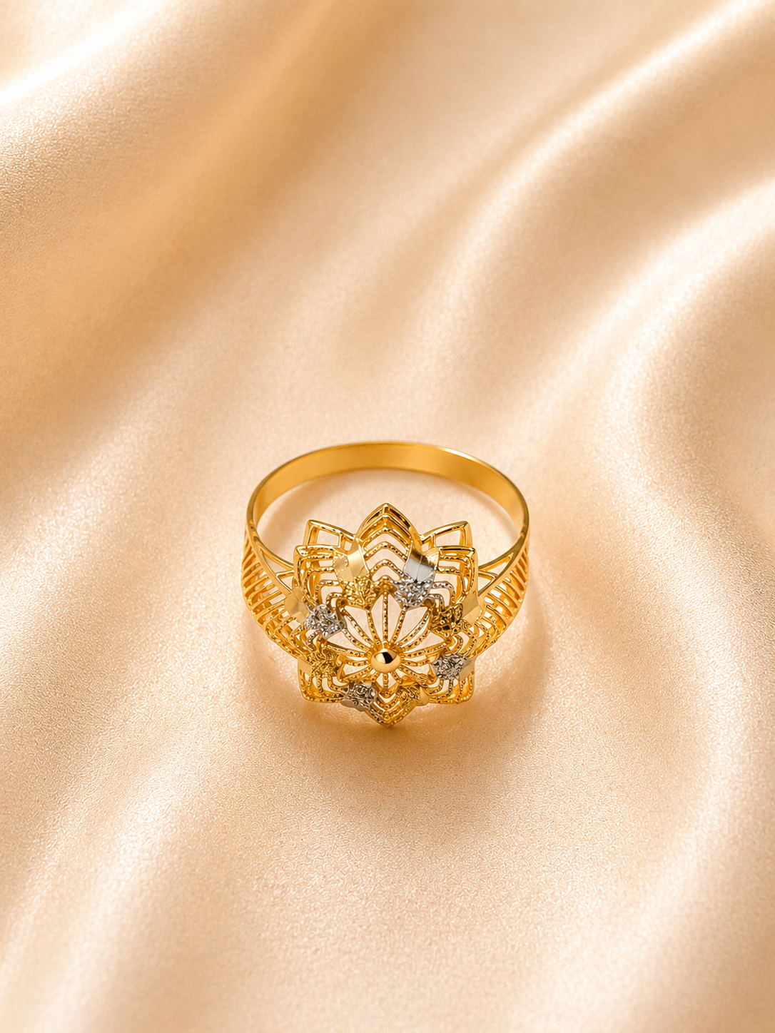 Imperial Lotus Filigree Ring – Tricolor Gold Woven Mesh Ring