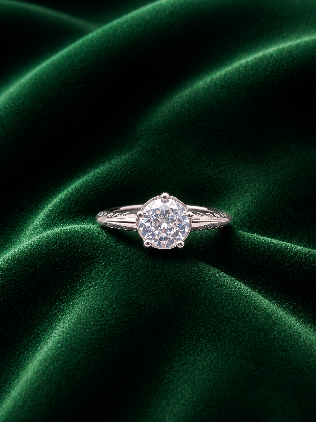 Round Moissanite Solitaire Ring with Textured Engraved Band in Premium Silver