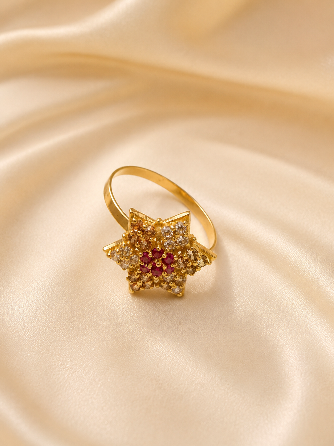 Celestial Starburst Cluster Ring – Gold Multi-Color Crystal Statement Ring