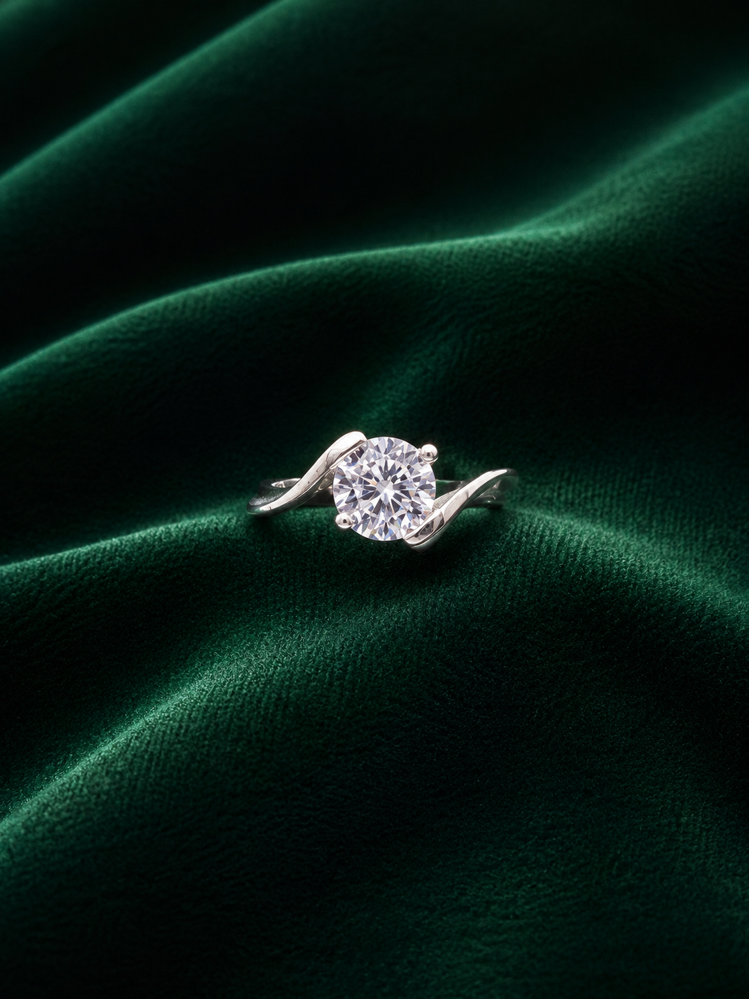 Contemporary Bypass Sterling Silver Solitaire Ring - Round Brilliant Cut