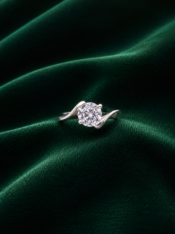 Contemporary Bypass Sterling Silver Solitaire Ring - Round Brilliant Cut