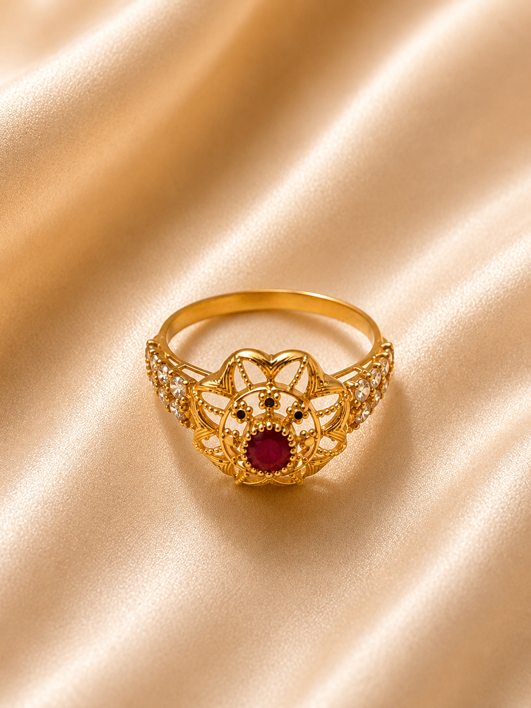 Ornate Ruby Mandala Ring – 18K Gold Filigree Flower Ring
