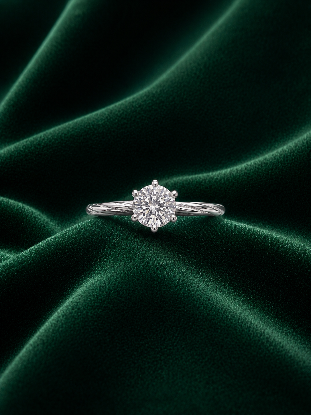 Classic 6-Prong Sterling Silver Solitaire Ring - Round Brilliant Cut with Twisted Rope Band
