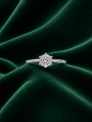Classic 6-Prong Sterling Silver Solitaire Ring - Round Brilliant Cut with Twisted Rope Band