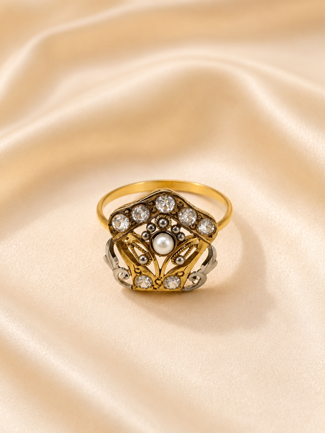Empress Pearl Tiara Ring – Two-Tone Gold & Silver Crown Statement Ring