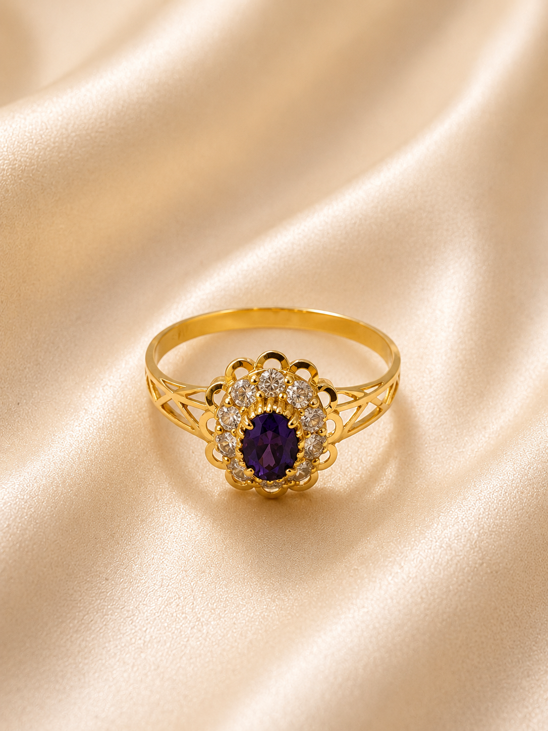 Vintage Royal Amethyst Halo Ring – 18K Gold Plated Floral Statement Ring
