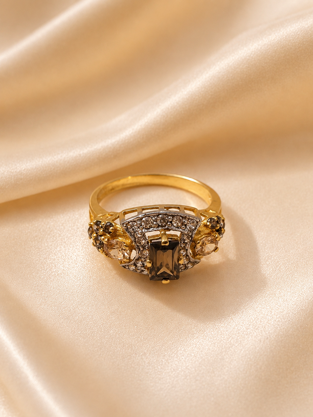 Art Deco Smoky Quartz Cocktail Ring – Emerald-Cut Brown Gemstone Gold Ring