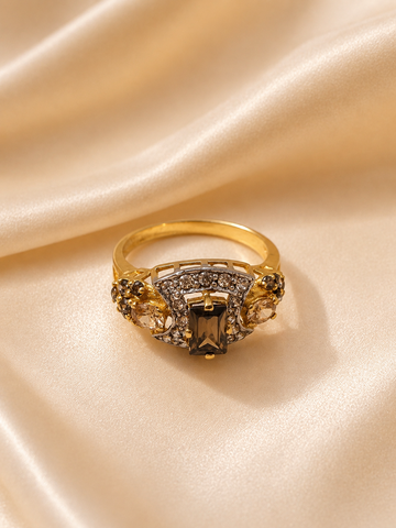 Art Deco Smoky Quartz Cocktail Ring – Emerald-Cut Brown Gemstone Gold Ring