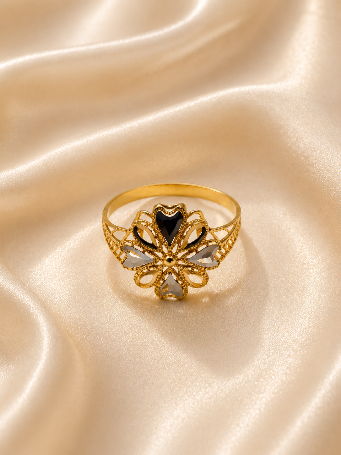 Midnight Clover Filigree Ring – 18K Gold Plated Black Enamel Statement Ring