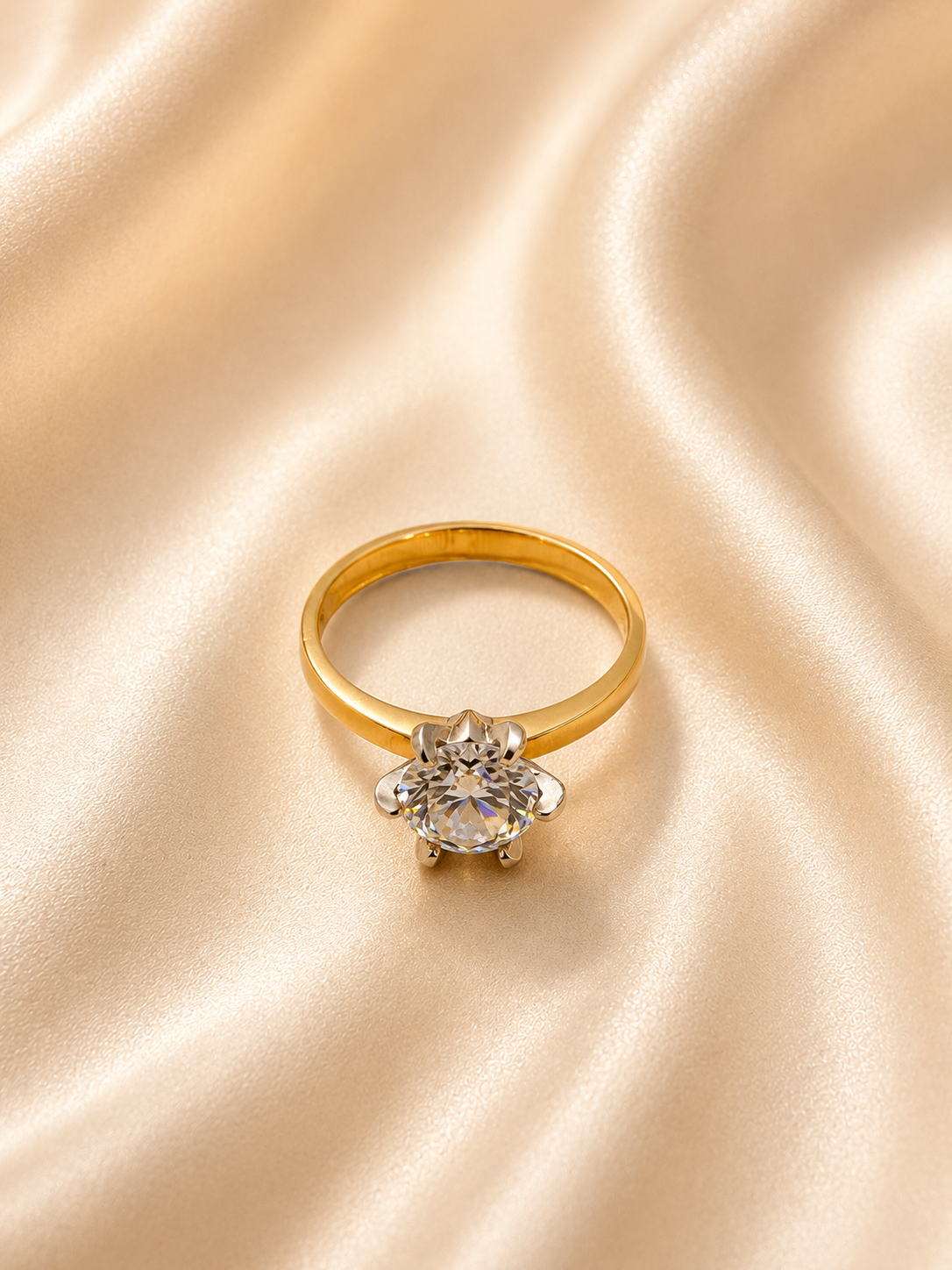 Royal Crown Solitaire Ring – Six-Prong Gold Illusion Engagement Ring
