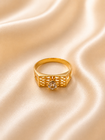 Modern Chevron Solitaire Ring – Gold Geometric Tiered Signet Ring