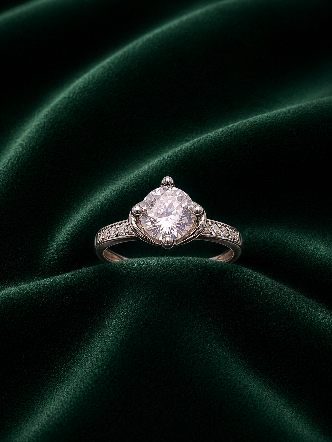Anum’s Collection Vintage Compass-Set Solitaire Ring with Pavé Band in Sterling Silver