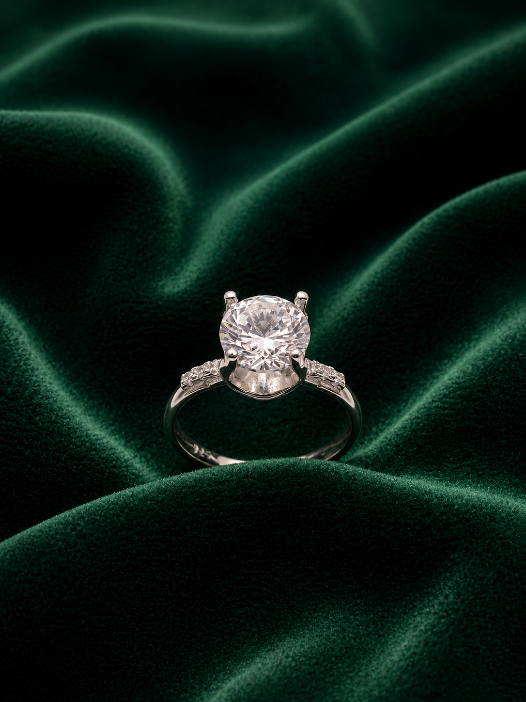 Classic 4-Prong Sterling Silver Solitaire Ring - Round Brilliant Cut with Pavé Accents