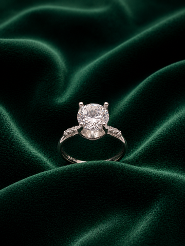 Classic 4-Prong Sterling Silver Solitaire Ring - Round Brilliant Cut with Pavé Accents