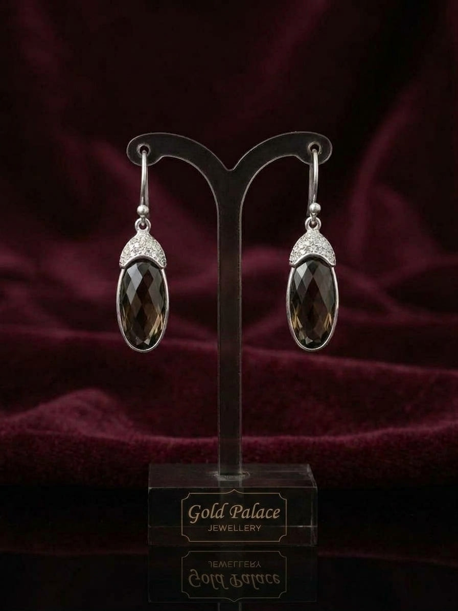 Smokey Quartz Oval Drop Earrings in Silver Finish