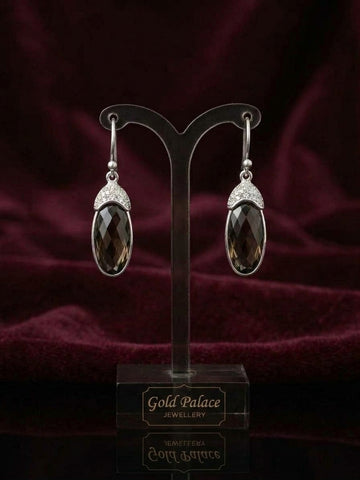 Smokey Quartz Oval Drop Earrings in Silver Finish