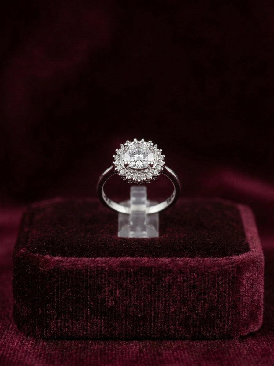 Radiant Round Halo Solitaire Ring in Silver Finish