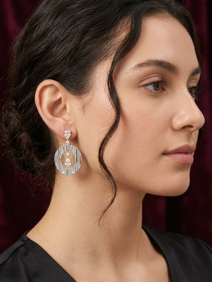 Textured Hoop Drop Earrings in Silver Finish with Dual-Tone Touch