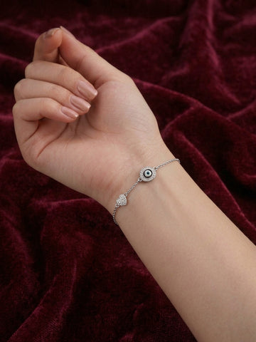 Evil Eye & Sparkling Heart Charm Bracelet in Silver Finish