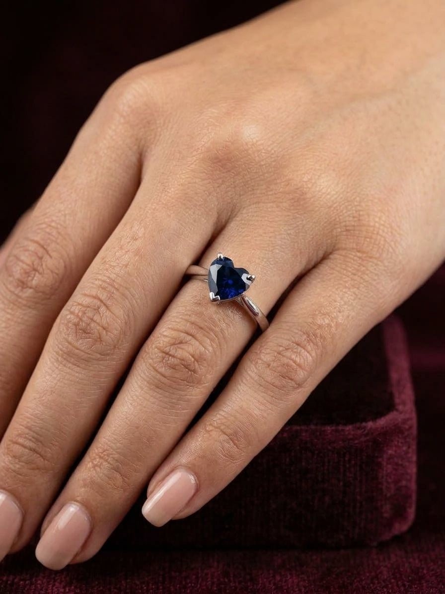 Sapphire Blue Heart Solitaire Ring in Silver Finish