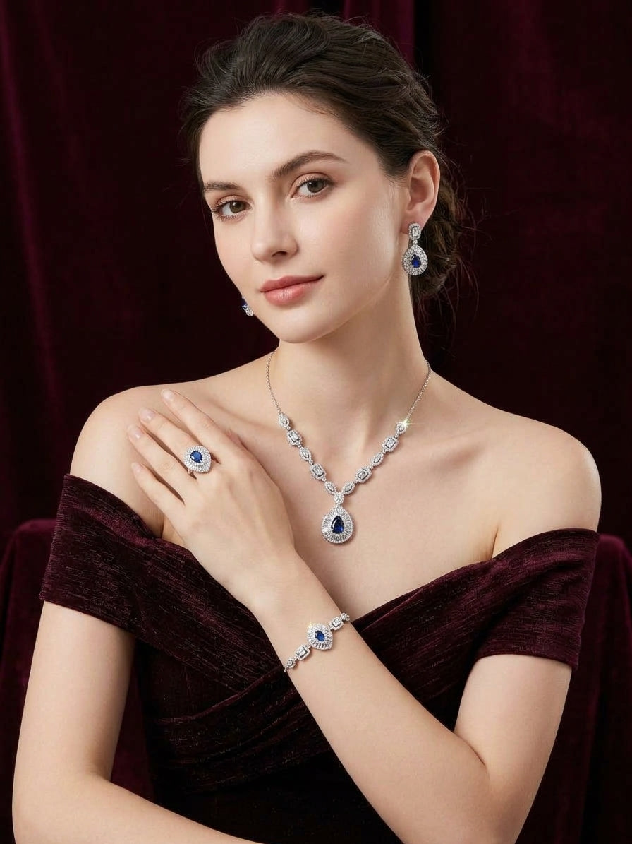 Royal Sapphire Blue Crystal Jewelry Set in Silver Finish