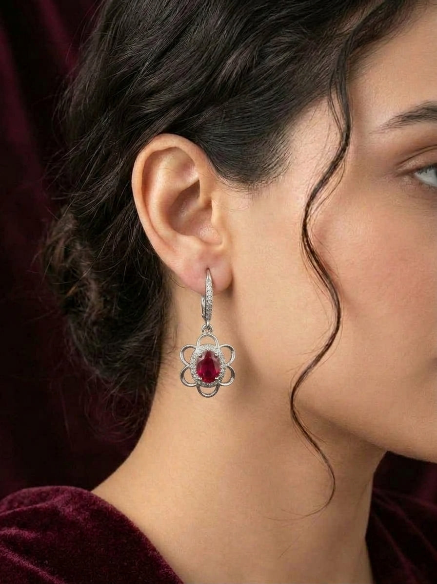 Ruby Red Floral Halo Drop Earrings in Silver Finish