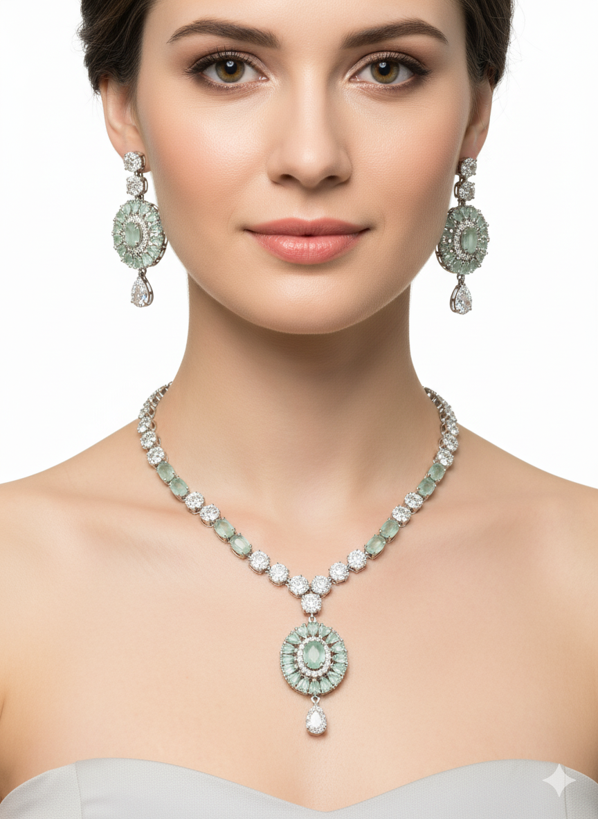 Emerald Stone Silver Set