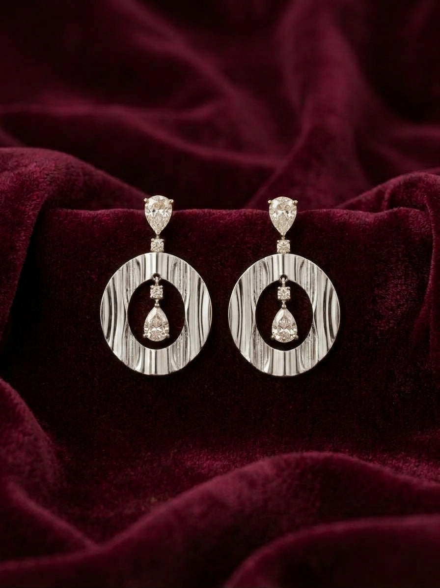 Textured Hoop Drop Earrings in Silver Finish with Dual-Tone Touch