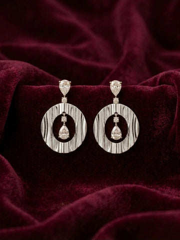Textured Hoop Drop Earrings in Silver Finish with Dual-Tone Touch