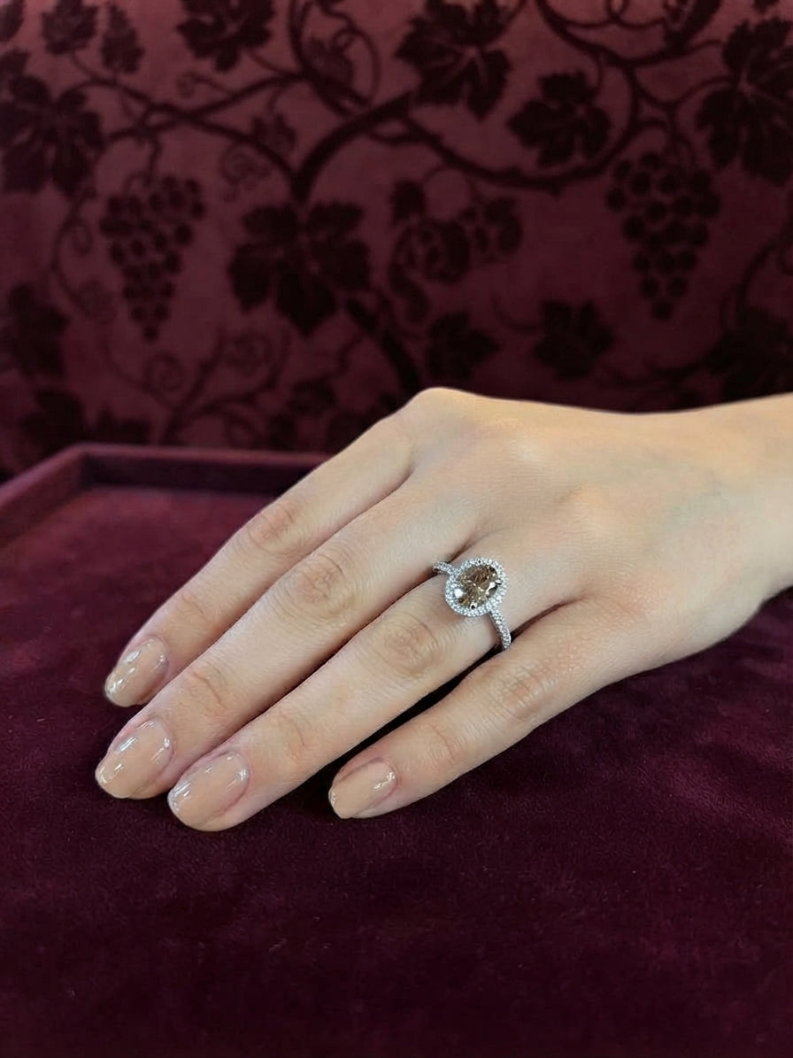 s925 Sterling Silver Oval Halo Ring with Brown Centre Stone