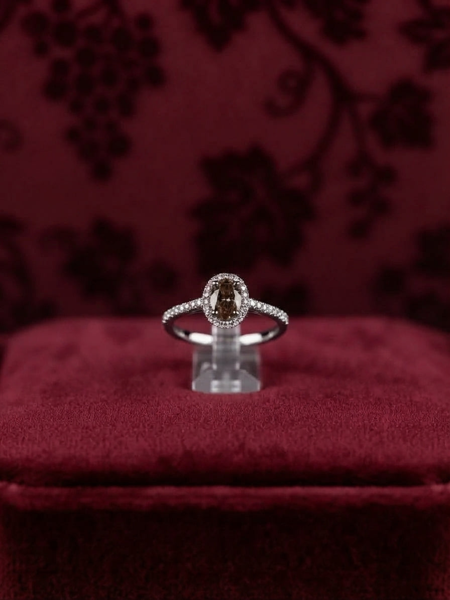 s925 Sterling Silver Oval Halo Ring with Brown Centre Stone