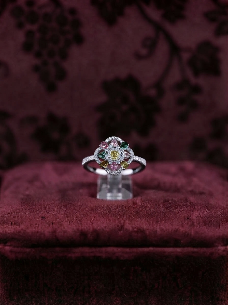 Radiant Floral Multi-Color Stone & Diamond Ring in Sterling s925 Silver Finish