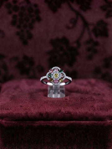 Radiant Floral Multi-Color Stone & Diamond Ring in Sterling s925 Silver Finish