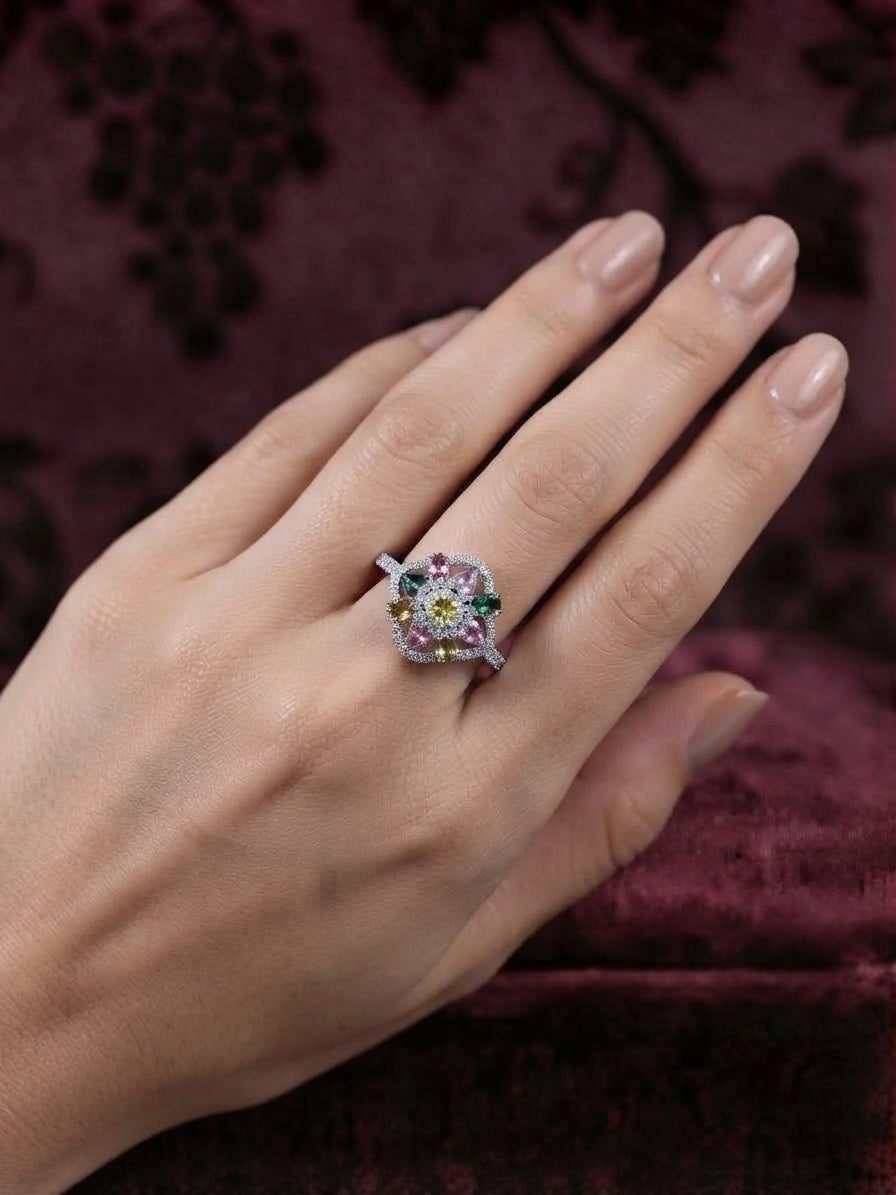 Radiant Floral Multi-Color Stone & Diamond Ring in Sterling s925 Silver Finish