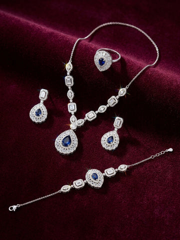 Royal Sapphire Blue Crystal Jewelry Set in Silver Finish
