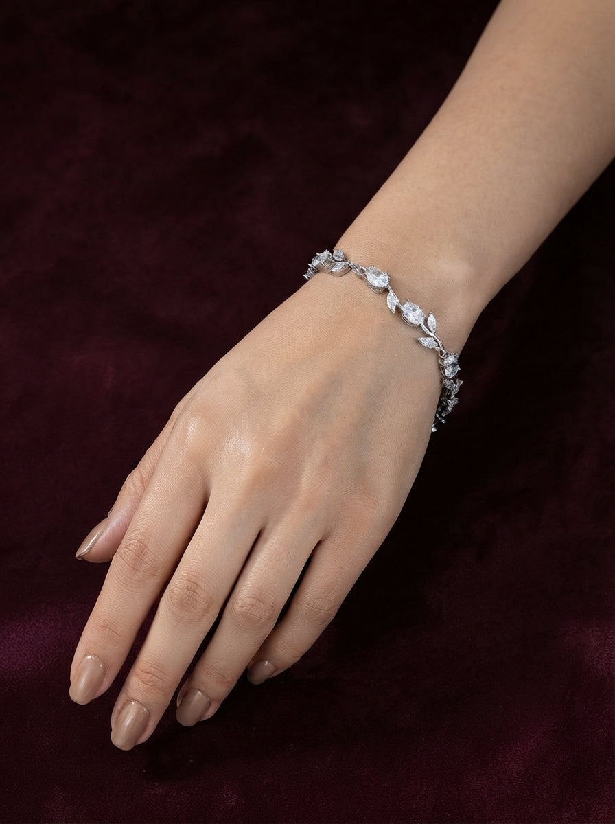 Floral Crystal Vine Bracelet in Silver Finish