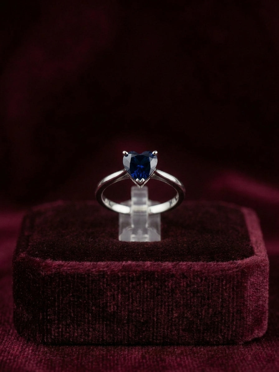 Sapphire Blue Heart Solitaire Ring in Silver Finish