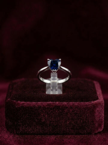 Sapphire Blue Heart Solitaire Ring in Silver Finish