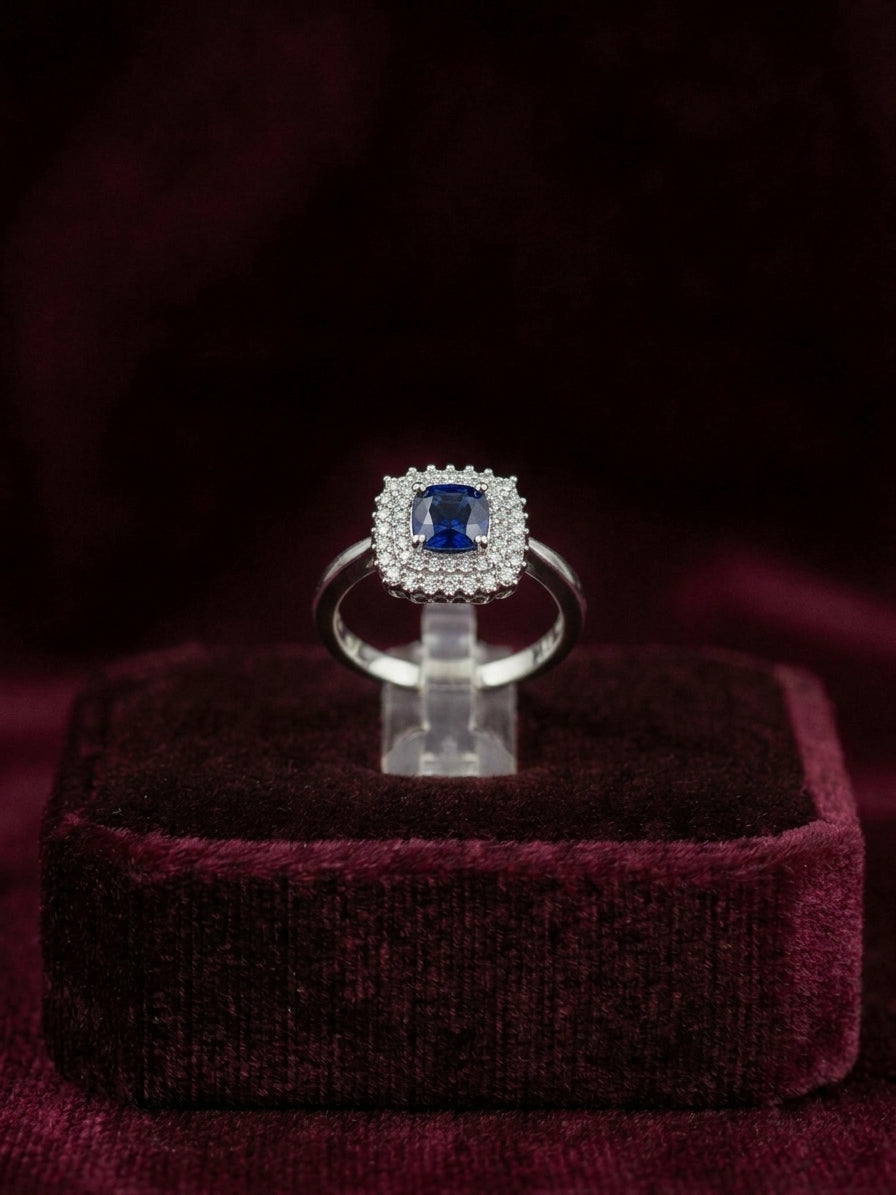 Royal Sapphire Blue Double Halo Ring in Silver Finish