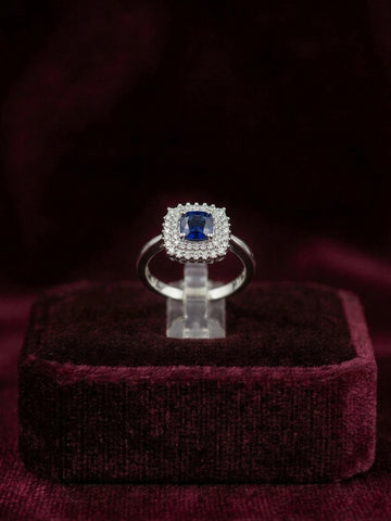Royal Sapphire Blue Double Halo Ring in Silver Finish