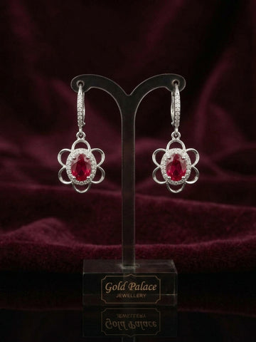 Ruby Red Floral Halo Drop Earrings in Silver Finish