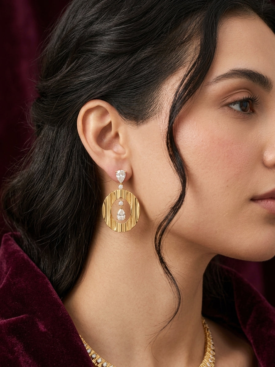 Textured Hoop Drop Earrings in Silver Finish with Dual-Tone Touch