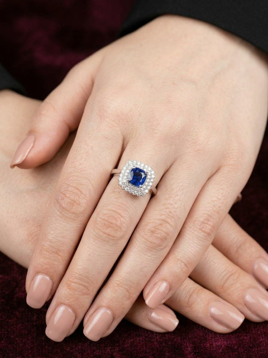 Royal Sapphire Blue Double Halo Ring in Silver Finish