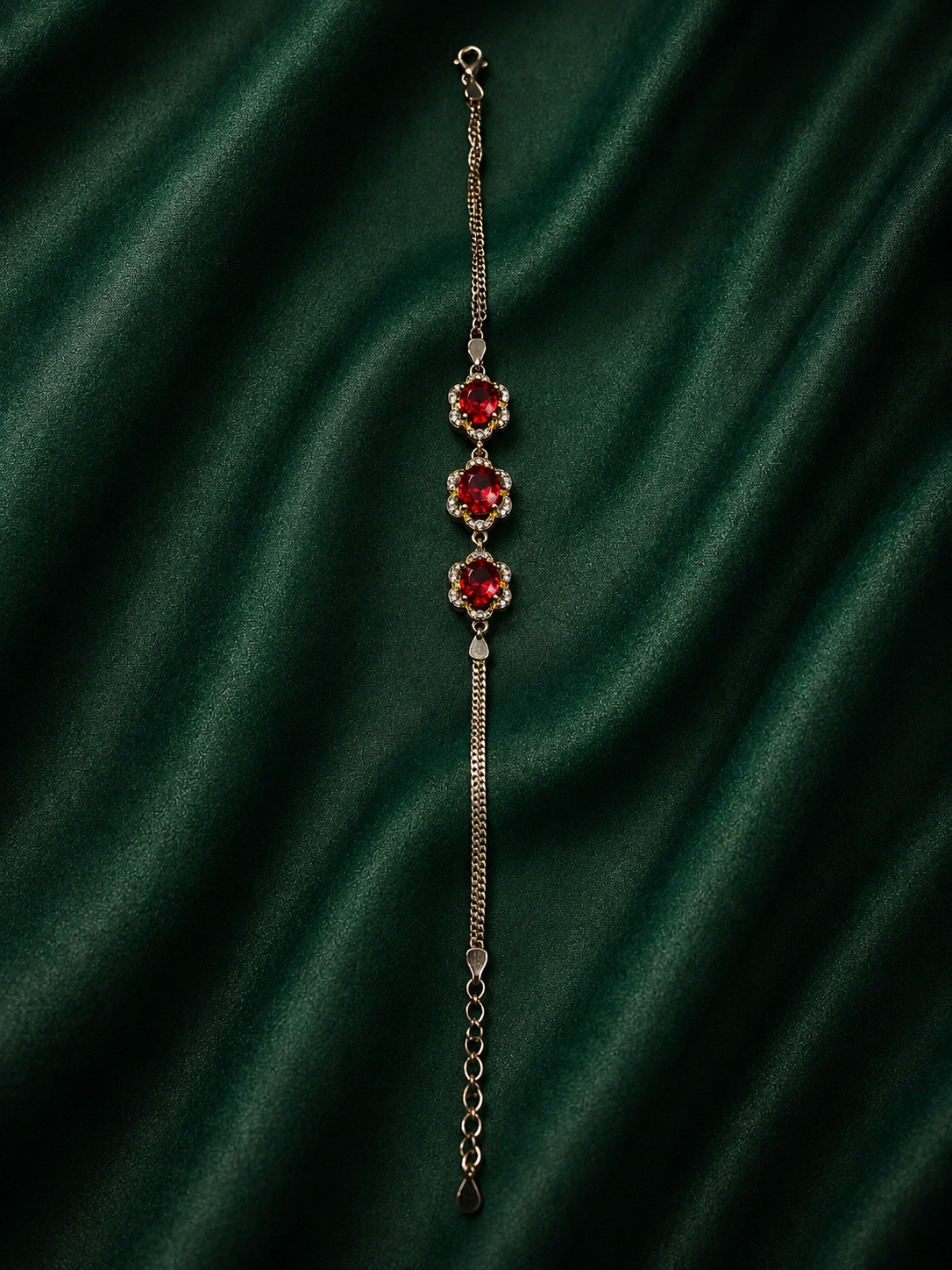 Vintage Floral Oval Ruby Red Gemstone Chain Bracelet