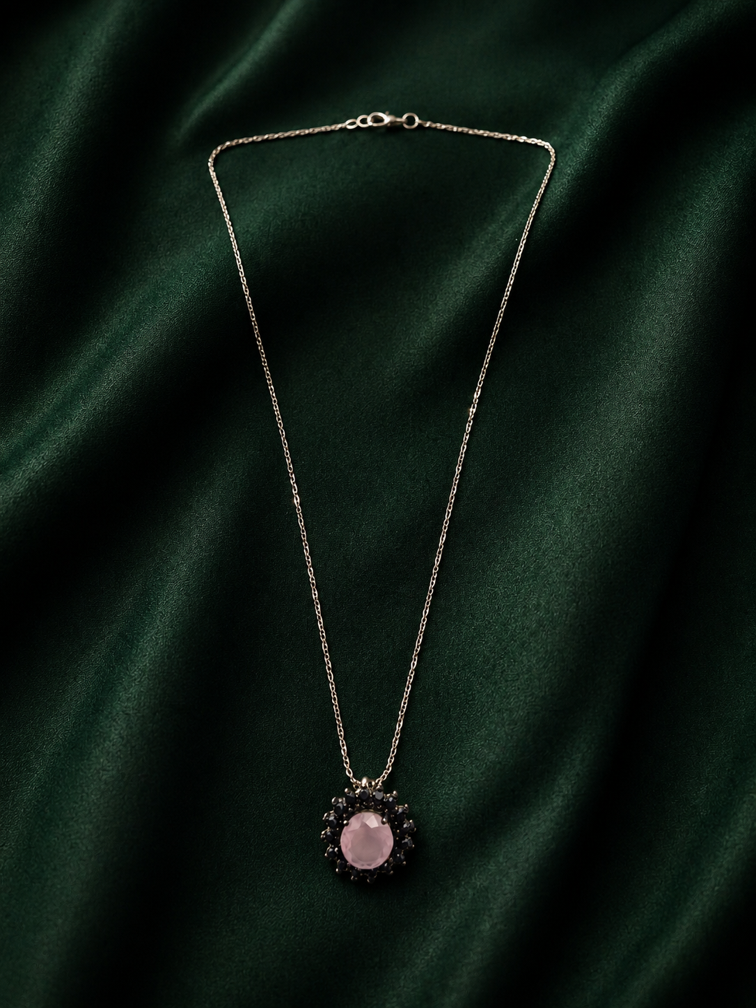 Vintage Oval Rose Quartz Necklace with Black Crystal Halo