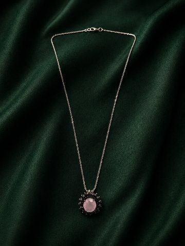 Vintage Oval Rose Quartz Necklace with Black Crystal Halo