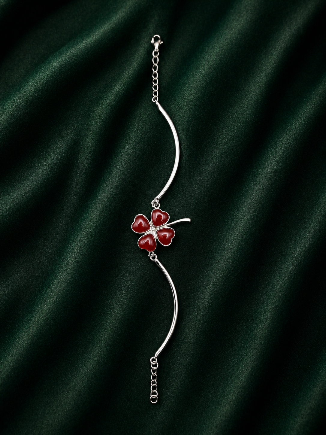 Sterling Silver Red Four-Leaf Clover Heart Bangle Bracelet