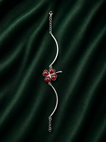 Sterling Silver Red Four-Leaf Clover Heart Bangle Bracelet
